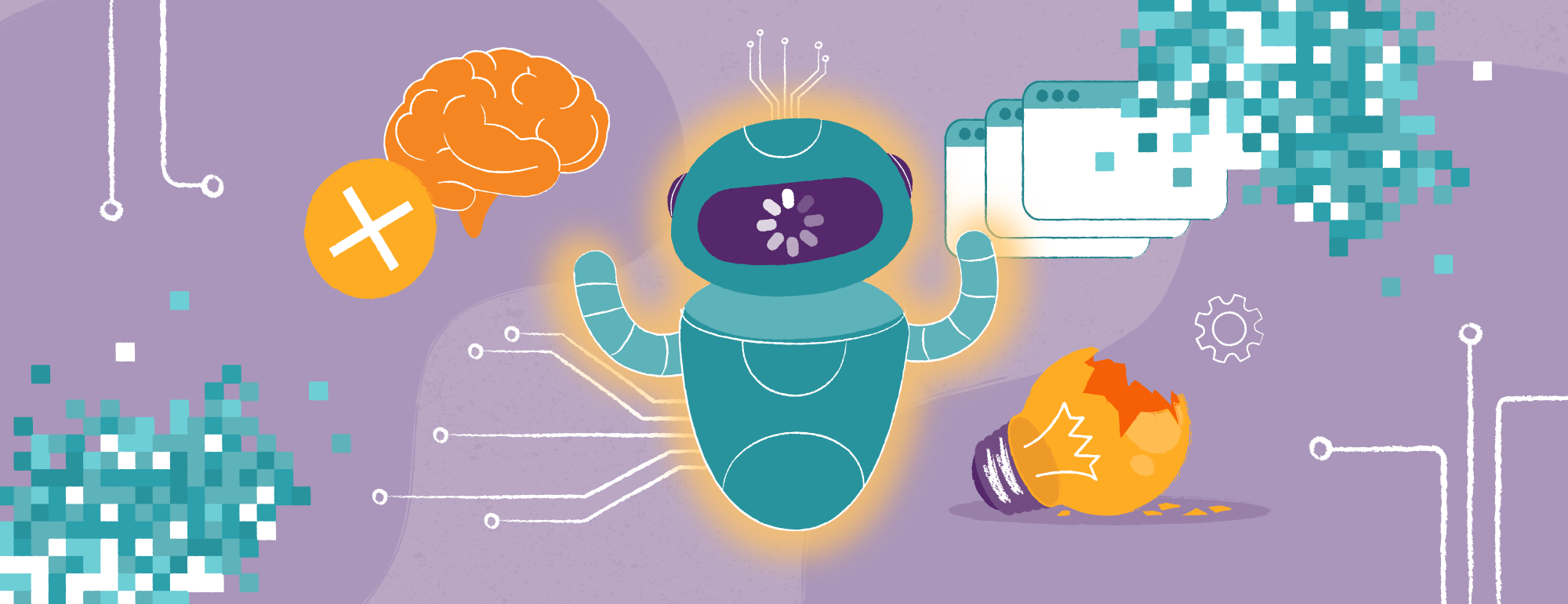 Ilustracja przedstawiająca robota reprezentującego sztuczną inteligencję, otoczonego symbolami wyzwań i błędów w sztucznej inteligencji. Obraz zawiera pomarańczowy mózg, zepsutą żarówkę i cyfrowe piksele, symbolizujące dane i zagrożenia etyczne związane z awariami sztucznej inteligencji