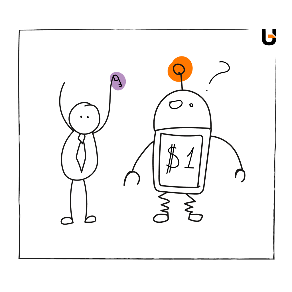 Simple cartoon of a person in a tie holding a key in front of a confused robot displaying '$1' on its screen. The image humorously illustrates misunderstandings in technology